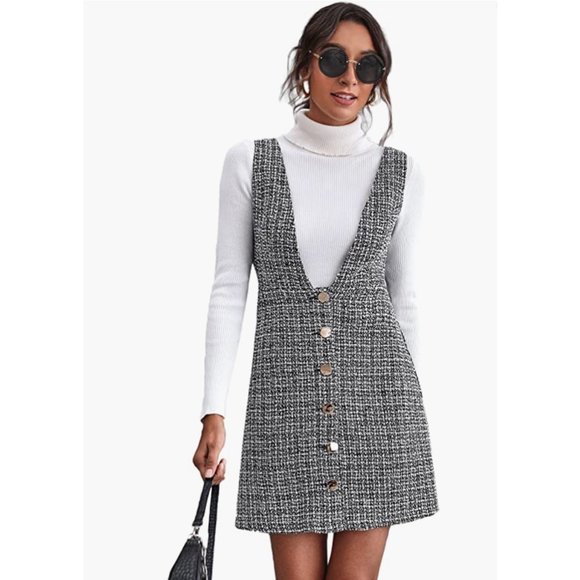 Black Plaid Tweed Sleeveless V-Neck A-Line Mini Pinafore Overalls Tank Dress - Picture 8 of 9